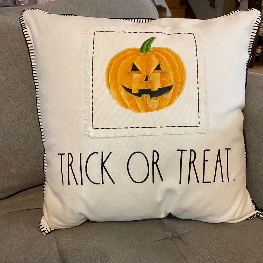 Rae Dunn fall feather trick or treat throw pillow